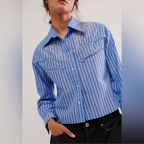Free People x Understated Leather Embellished Western Striped Button Down NWOT - Picture 2 of 7